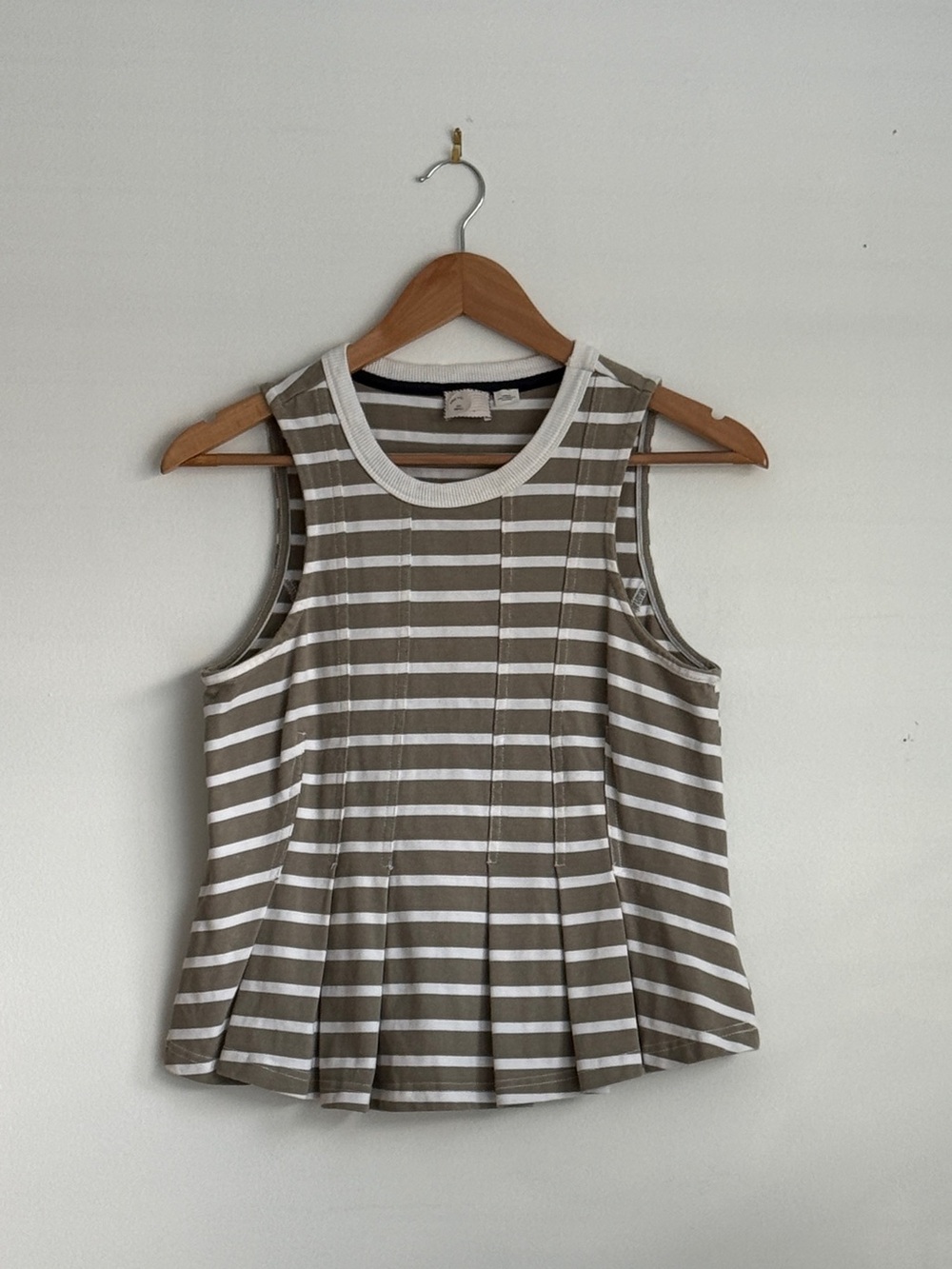 Anthropologie 9-H15 STCL Striped Swing Tank Top Pleated Peplum Olive White Small